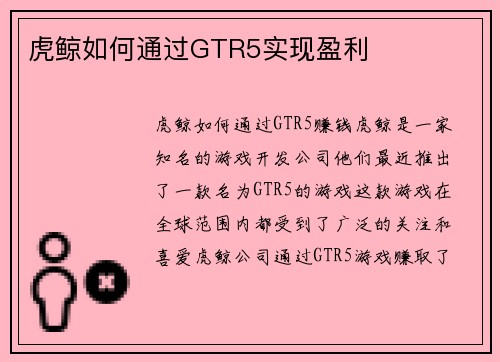 虎鲸如何通过GTR5实现盈利