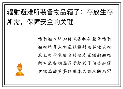 辐射避难所装备物品箱子：存放生存所需，保障安全的关键