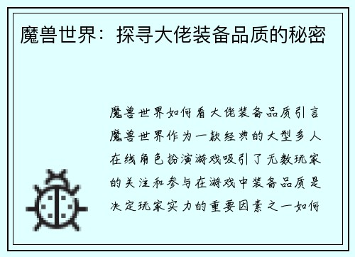 魔兽世界：探寻大佬装备品质的秘密