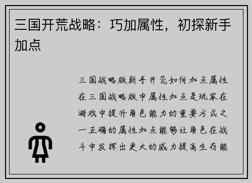 三国开荒战略：巧加属性，初探新手加点