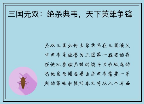 三国无双：绝杀典韦，天下英雄争锋