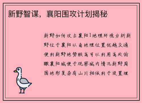 新野智谋，襄阳围攻计划揭秘