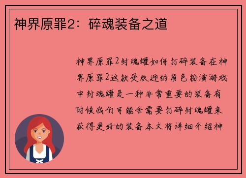 神界原罪2:碎魂装备之道