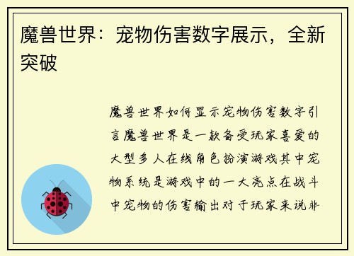魔兽世界：宠物伤害数字展示，全新突破